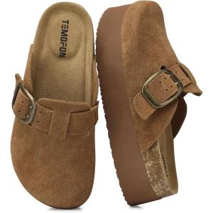 TEMOFON Genuine Suede Clogs for Women: Comfortable Leather Platform Mules & Clogs for Women Footwear – Cork Footbed Closed Toe Sandals Potato Shoes(84-darkbrown)
