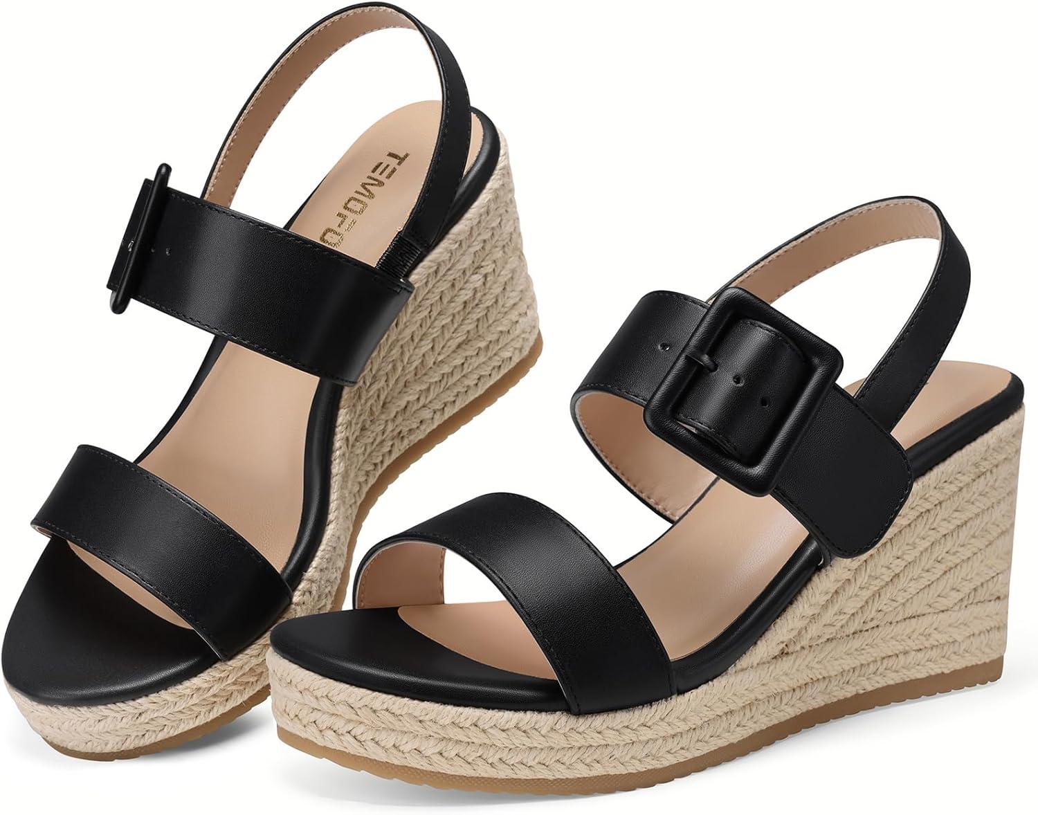 image:imageTEMOFON Womens Wedge Platform Sandals Espadrilles Comfortable Dressy Open Toe Elastic Ankle Strap Summer Wedges Heels ShoesBlack