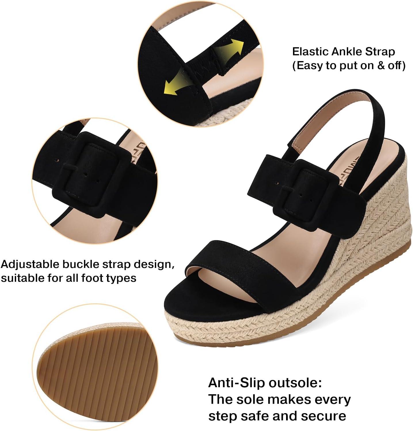 image:imageTEMOFON Womens Wedge Platform Sandals Espadrilles Comfortable Dressy Open Toe Elastic Ankle Strap Summer Wedges Heels ShoesBlack Suede