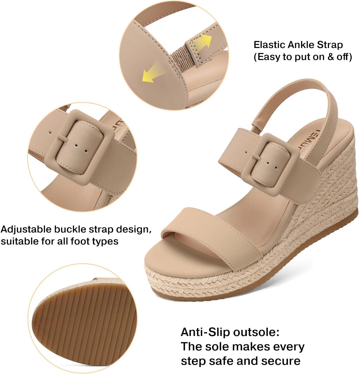 image:imageTEMOFON Womens Wedge Platform Sandals Espadrilles Comfortable Dressy Open Toe Elastic Ankle Strap Summer Wedges Heels ShoesNude