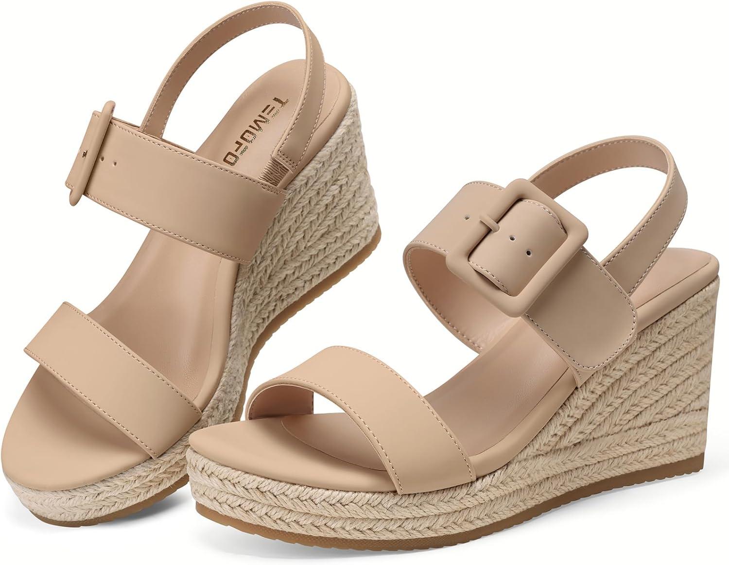 image:imageTEMOFON Womens Wedge Platform Sandals Espadrilles Comfortable Dressy Open Toe Elastic Ankle Strap Summer Wedges Heels ShoesNude