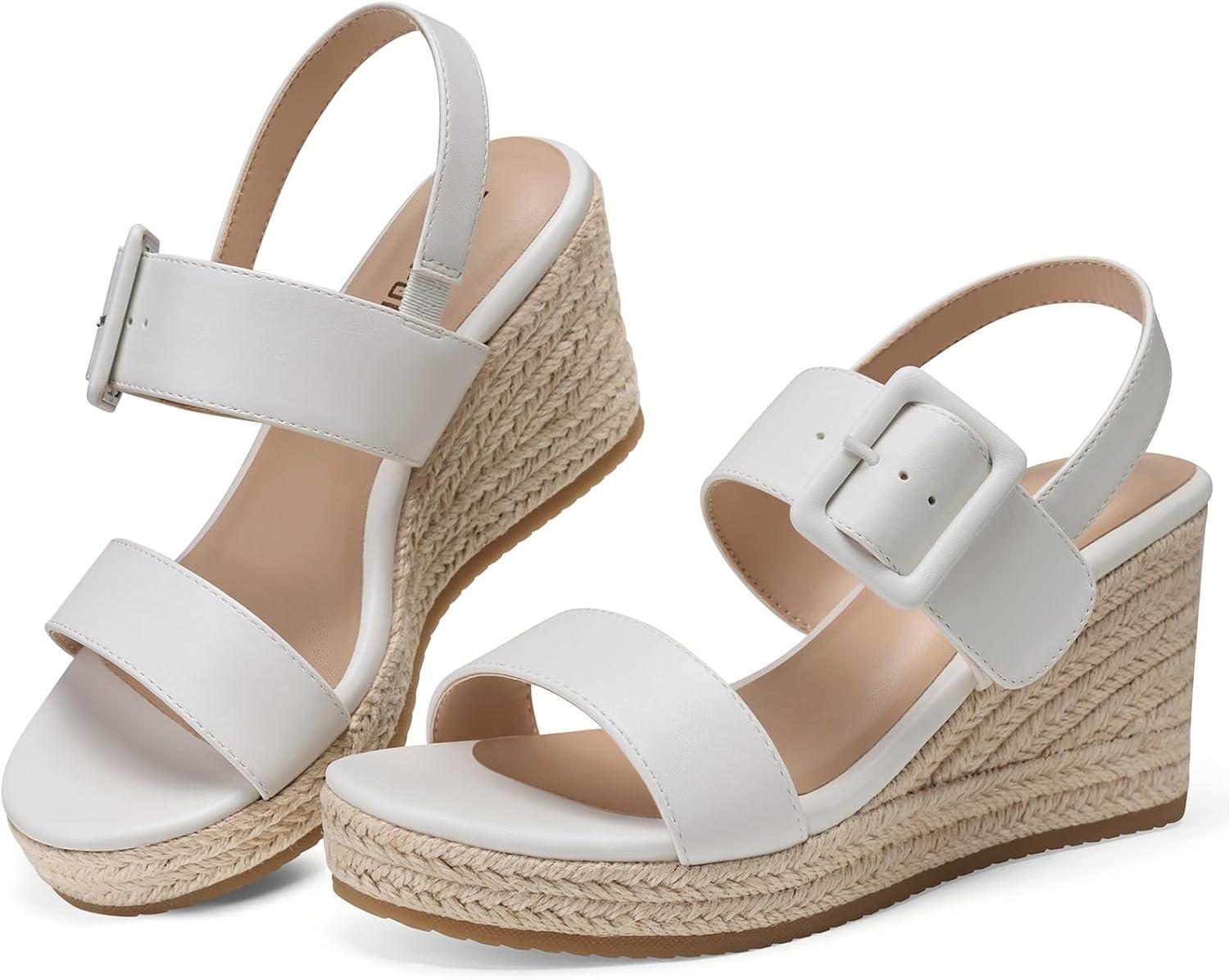 image:imageTEMOFON Womens Wedge Platform Sandals Espadrilles Comfortable Dressy Open Toe Elastic Ankle Strap Summer Wedges Heels ShoesWhite