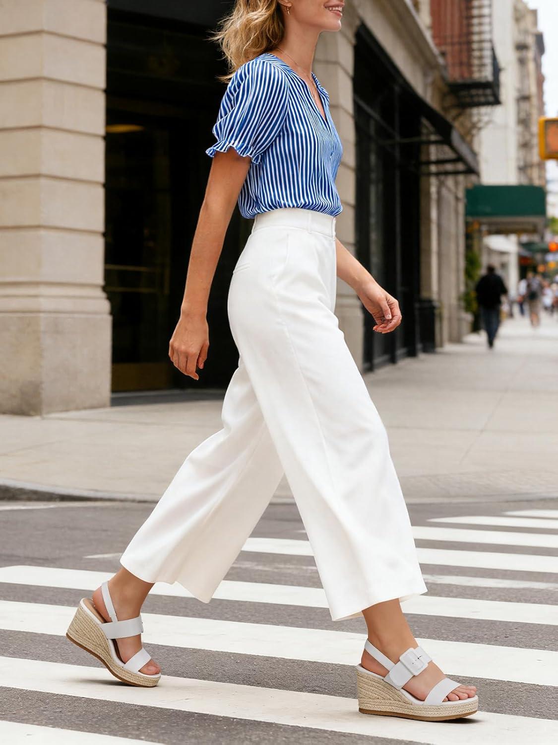 image:imageTEMOFON Womens Wedge Platform Sandals Espadrilles Comfortable Dressy Open Toe Elastic Ankle Strap Summer Wedges Heels ShoesWhite