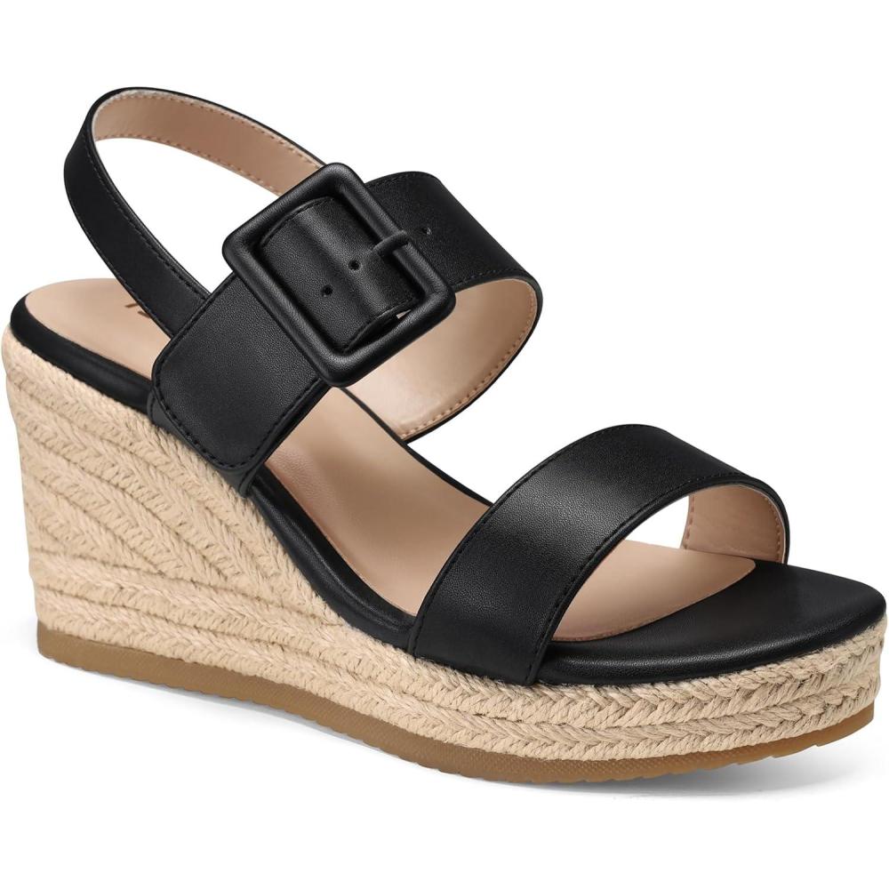 image:imageTEMOFON Womens Wedge Platform Sandals Espadrilles Comfortable Dressy Open Toe Elastic Ankle Strap Summer Wedges Heels ShoesBlack