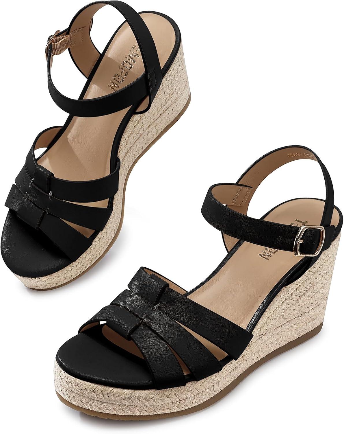 image:imageTEMOFON Wedge Sandals for Women Dressy Platform Wedge Espadrilles Sandals Comfortable Summer Casual Open Toe Strappy Shoes Size 51138black
