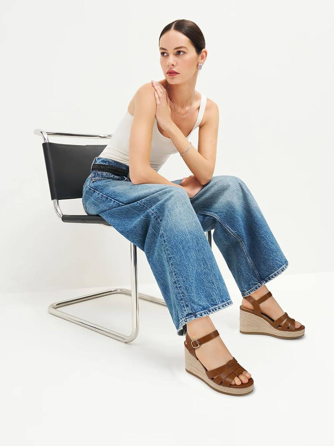 image:imageTEMOFON Wedge Sandals for Women Dressy Platform Wedge Espadrilles Sandals Comfortable Summer Casual Open Toe Strappy Shoes Size 51138brown