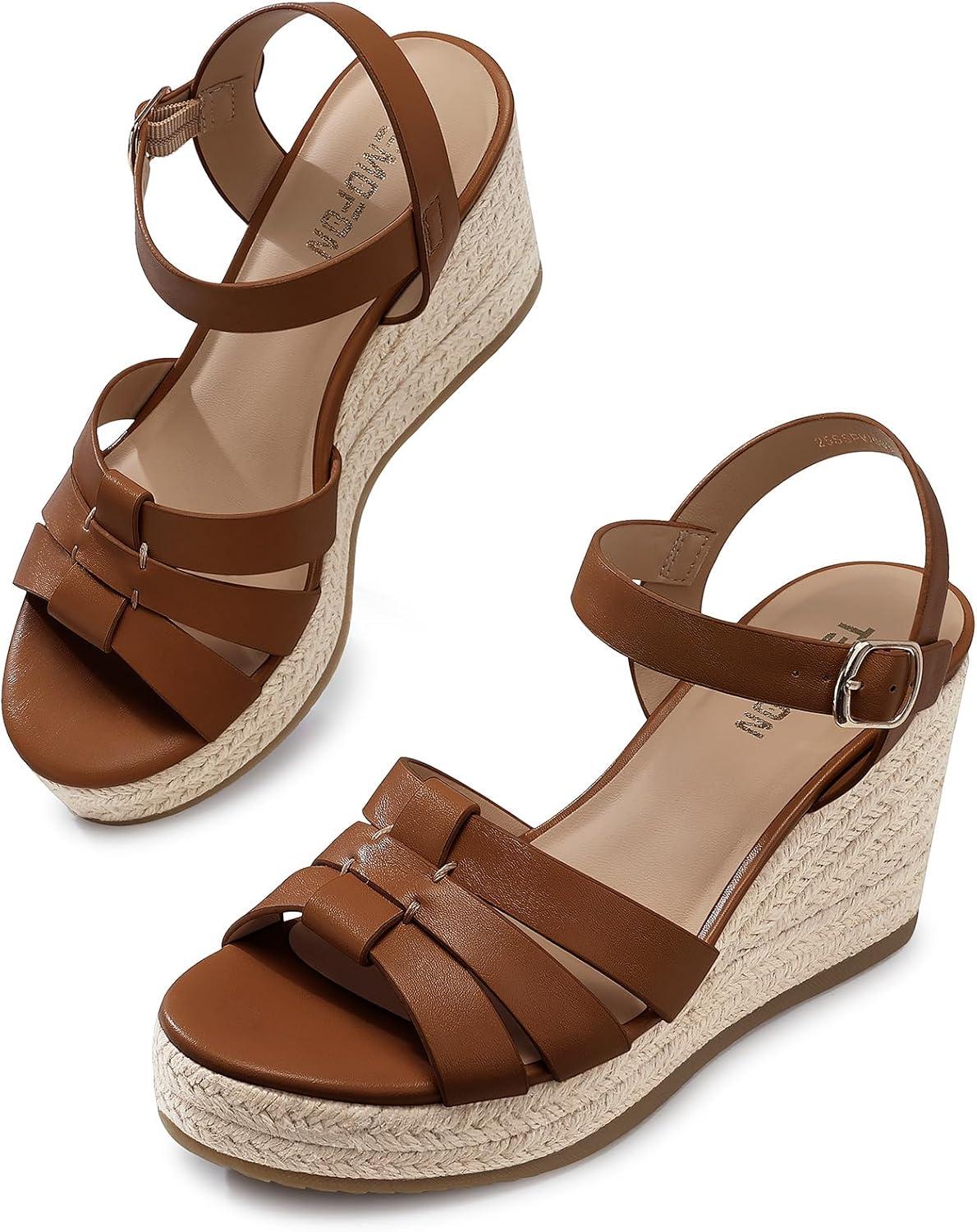 image:imageTEMOFON Wedge Sandals for Women Dressy Platform Wedge Espadrilles Sandals Comfortable Summer Casual Open Toe Strappy Shoes Size 51138brown