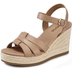 TEMOFON Wedge Sandals for Women Dressy: Platform Wedge Espadrilles Sandals – Comfortable Summer Casual Open Toe Strappy Shoes Size 5-11(38-nude)