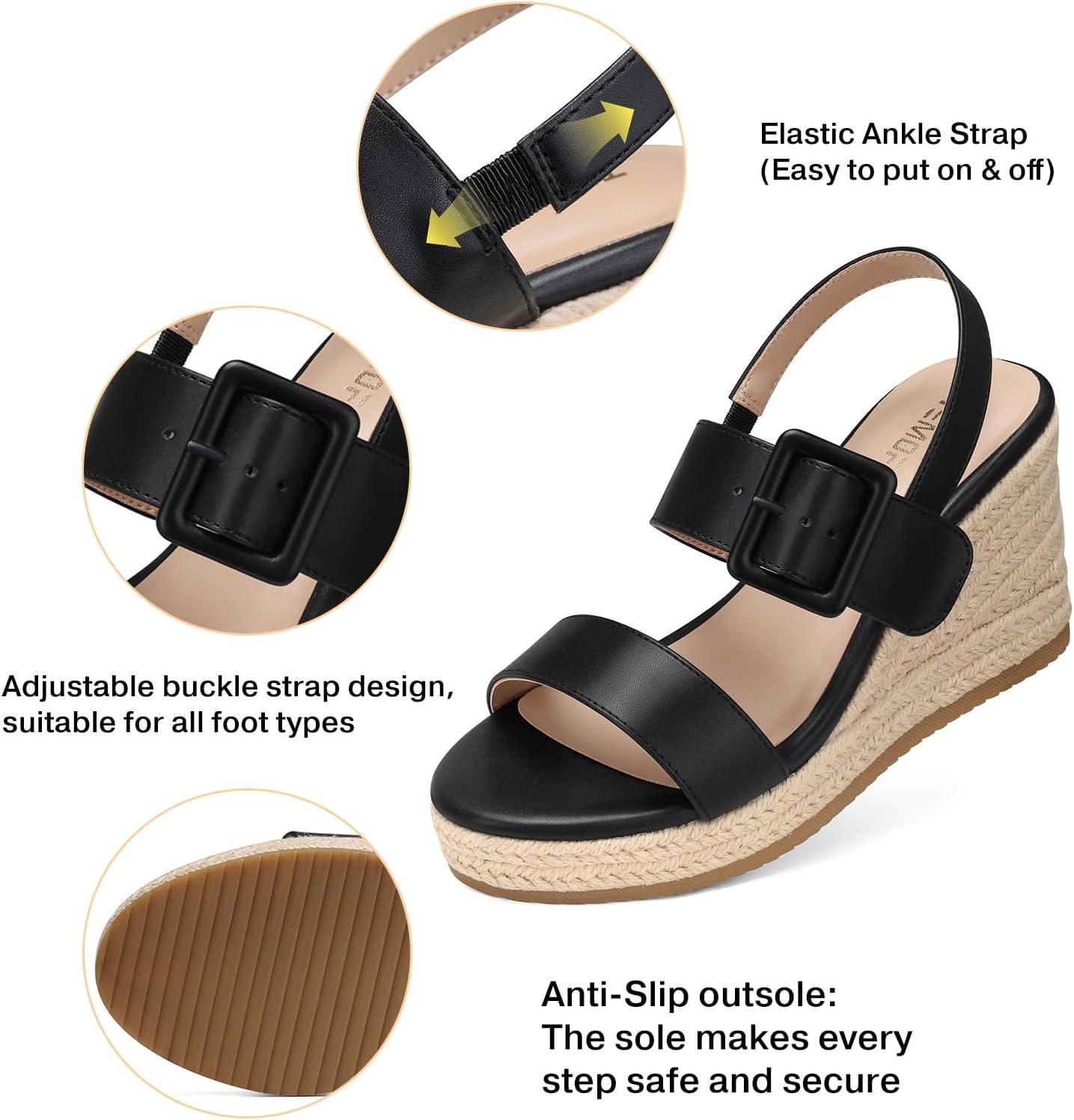 image:imageTEMOFON Espadrilles Wedge Sandals for Women Slip On Elastic Ankle Strap Platform Sandals Dressy Comfortable Summer Wedges Heels ShoesBlack