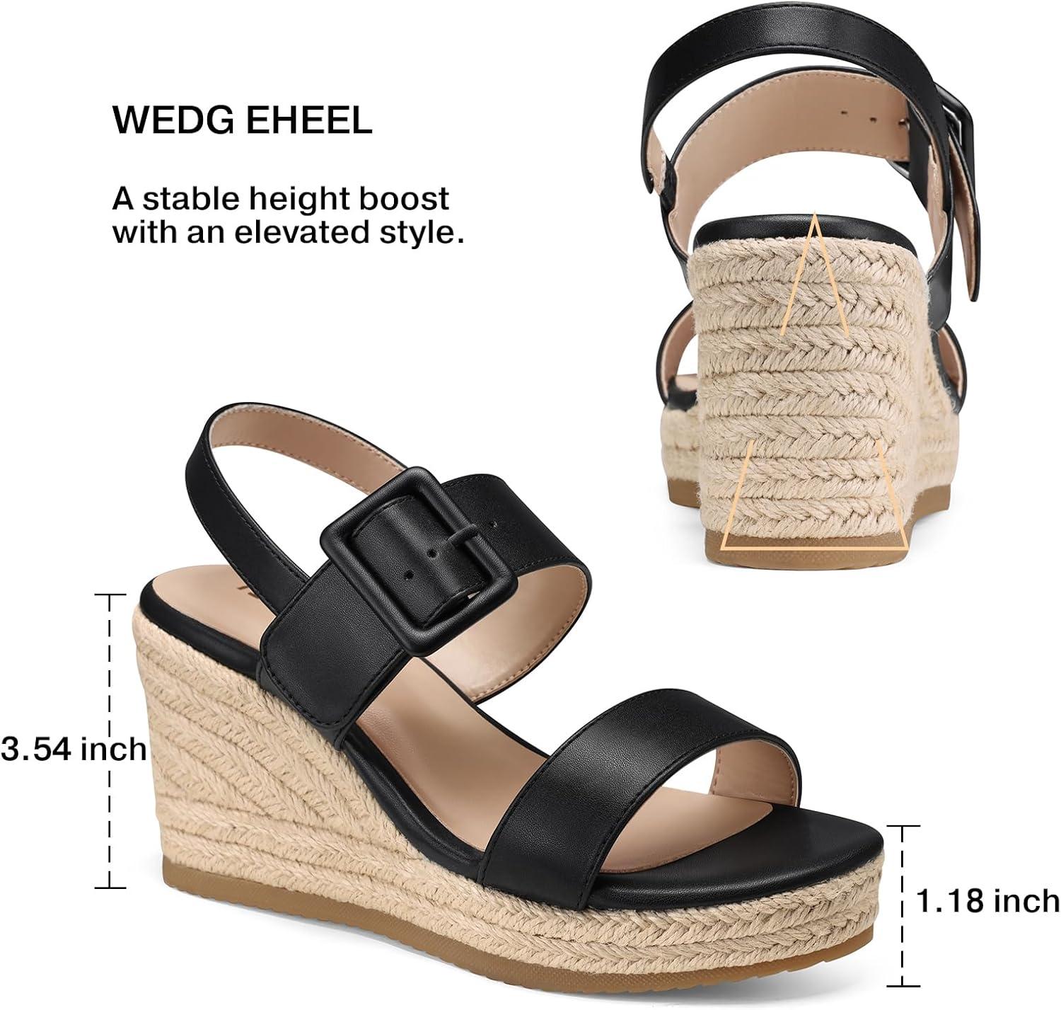 image:imageTEMOFON Espadrilles Wedge Sandals for Women Slip On Elastic Ankle Strap Platform Sandals Dressy Comfortable Summer Wedges Heels ShoesBlack