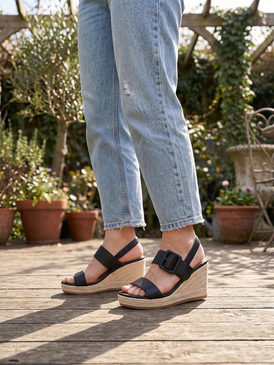 image:imageTEMOFON Espadrilles Wedge Sandals for Women Slip On Elastic Ankle Strap Platform Sandals Dressy Comfortable Summer Wedges Heels ShoesBlack
