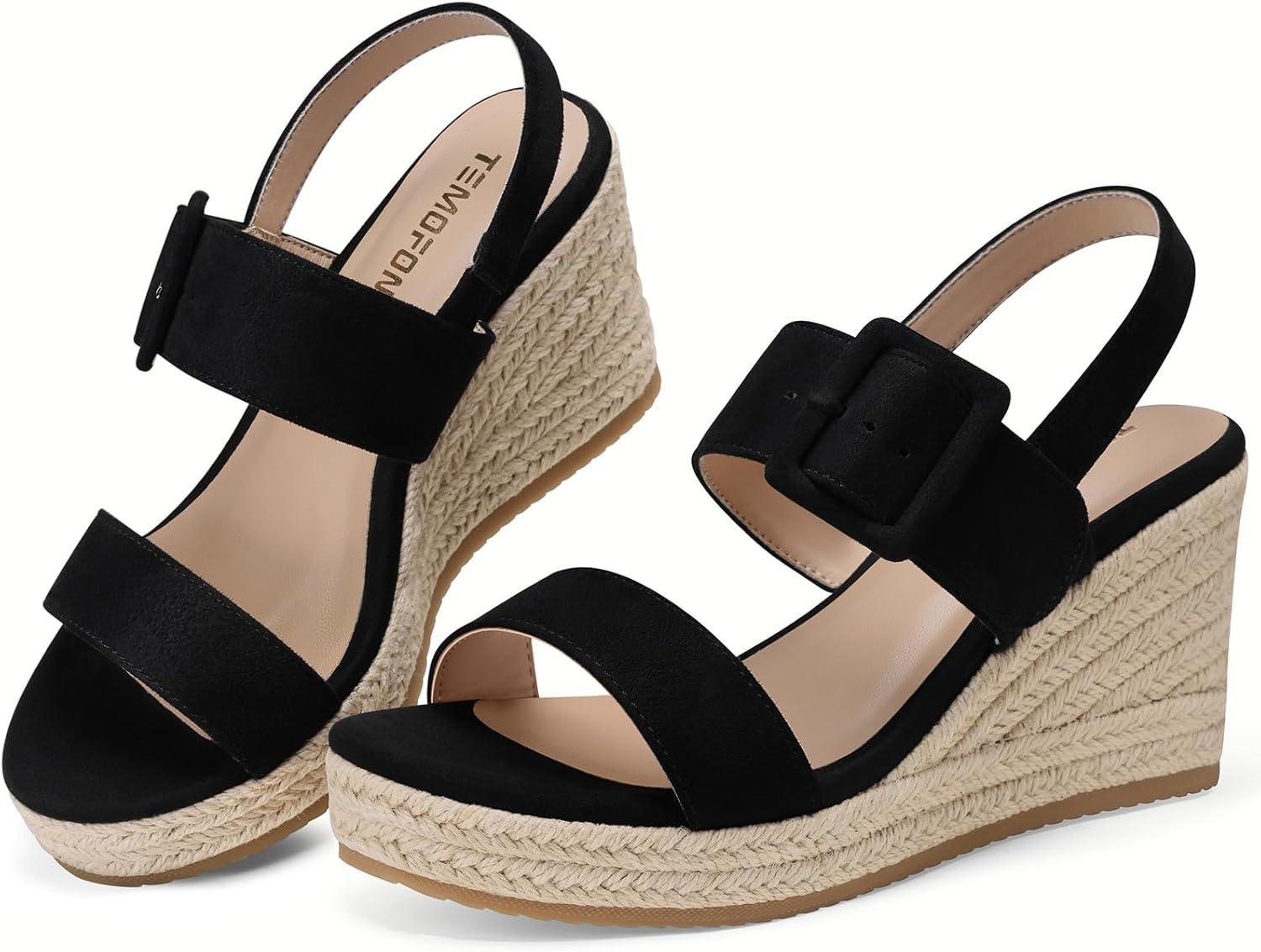 image:imageTEMOFON Espadrilles Wedge Sandals for Women Slip On Elastic Ankle Strap Platform Sandals Dressy Comfortable Summer Wedges Heels ShoesBlack Suede
