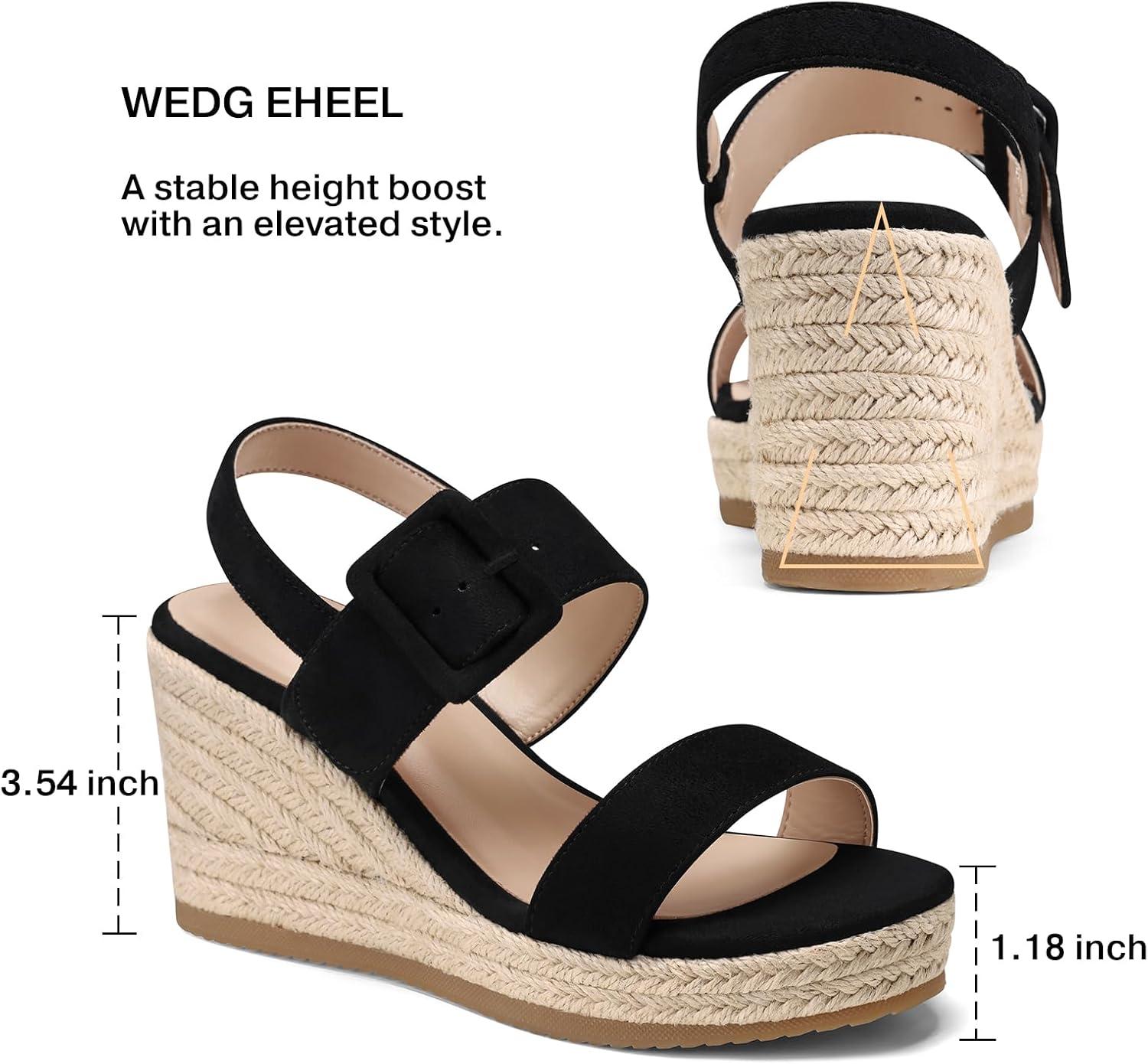 image:imageTEMOFON Espadrilles Wedge Sandals for Women Slip On Elastic Ankle Strap Platform Sandals Dressy Comfortable Summer Wedges Heels ShoesBlack Suede
