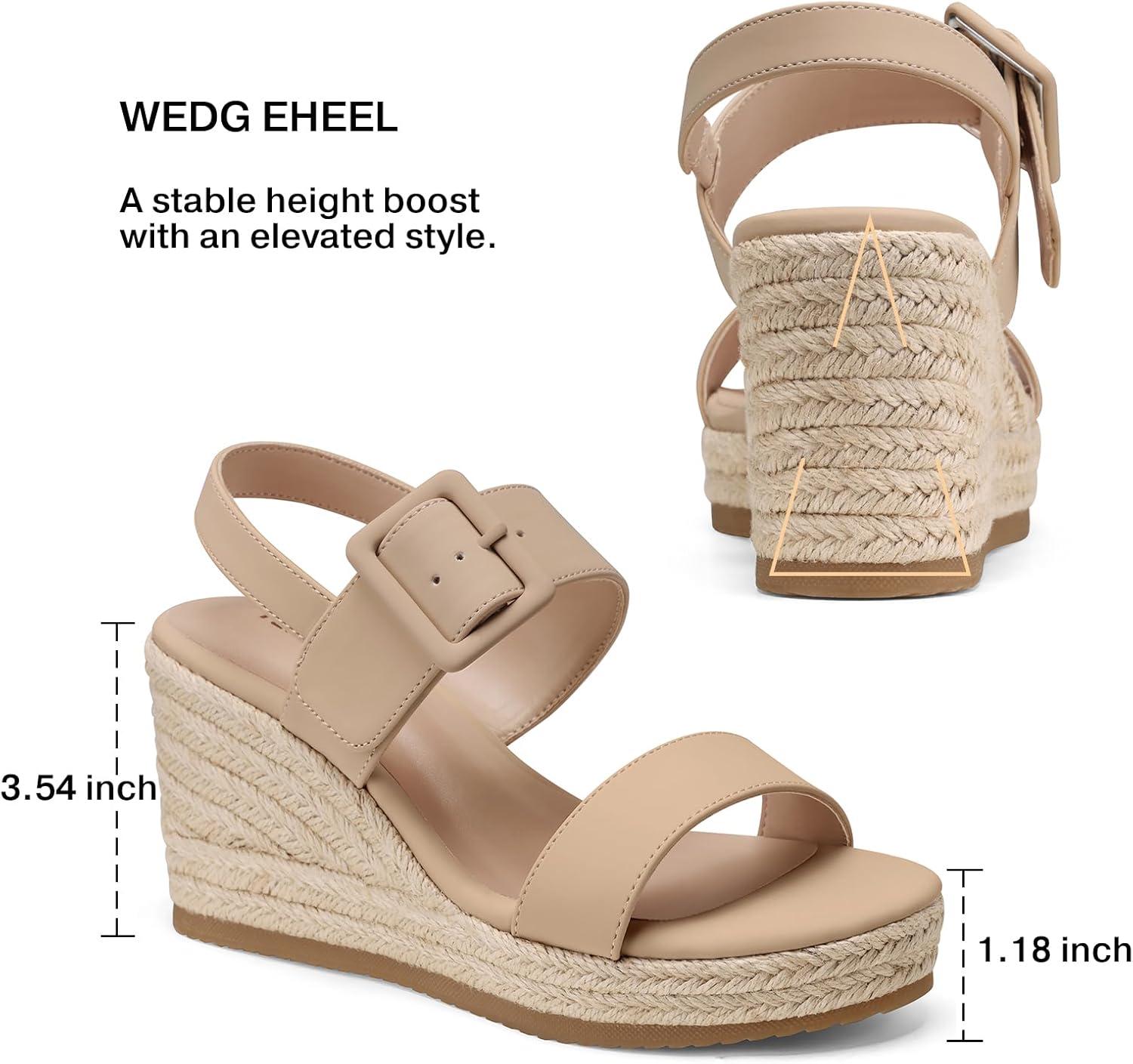 image:imageTEMOFON Espadrilles Wedge Sandals for Women Slip On Elastic Ankle Strap Platform Sandals Dressy Comfortable Summer Wedges Heels ShoesNude