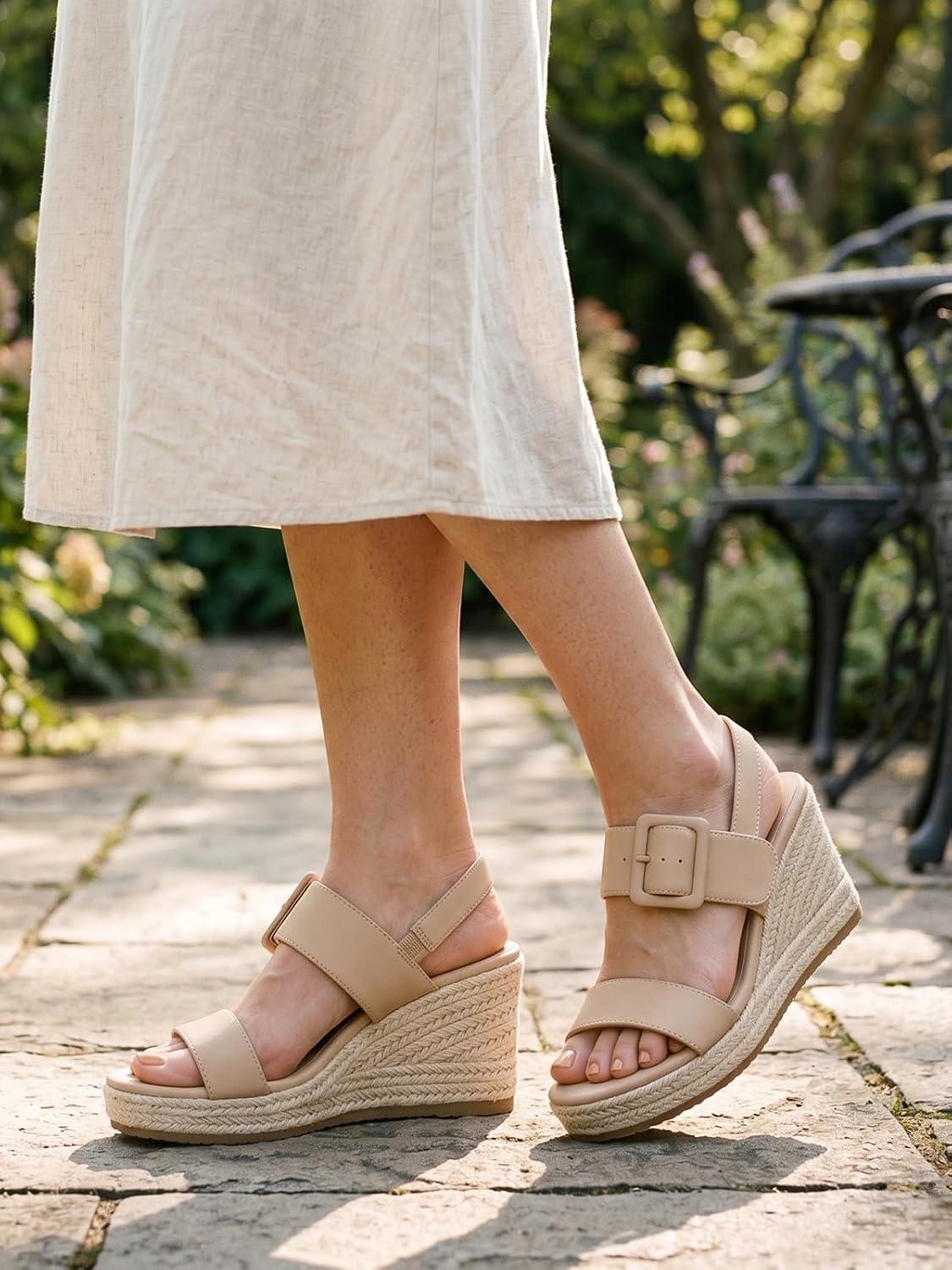 image:imageTEMOFON Espadrilles Wedge Sandals for Women Slip On Elastic Ankle Strap Platform Sandals Dressy Comfortable Summer Wedges Heels ShoesNude