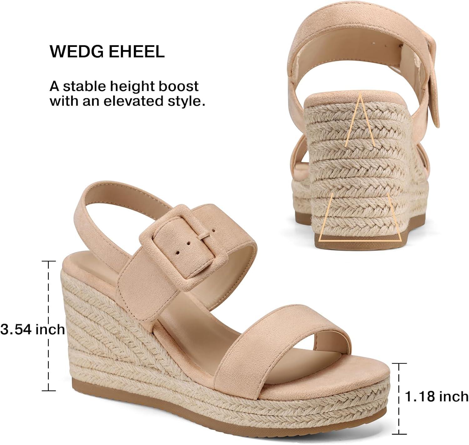 image:imageTEMOFON Espadrilles Wedge Sandals for Women Slip On Elastic Ankle Strap Platform Sandals Dressy Comfortable Summer Wedges Heels ShoesNude Suede