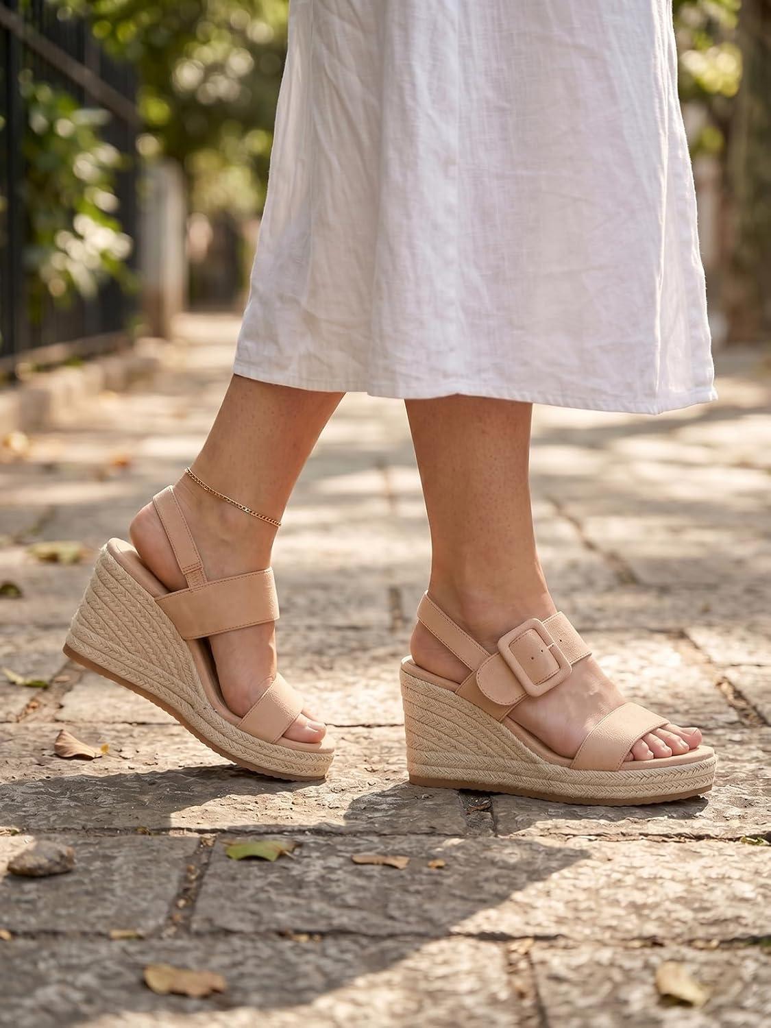 image:imageTEMOFON Espadrilles Wedge Sandals for Women Slip On Elastic Ankle Strap Platform Sandals Dressy Comfortable Summer Wedges Heels ShoesNude Suede