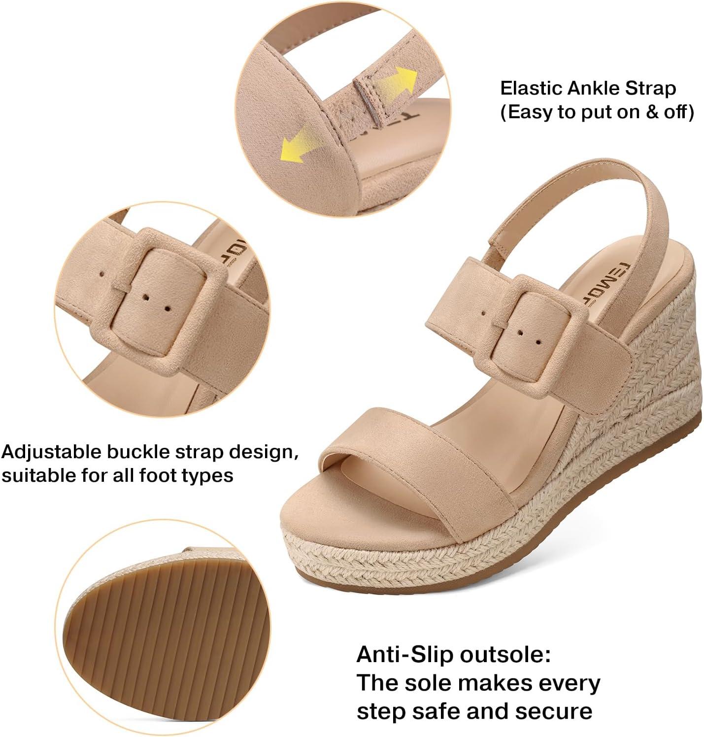 image:imageTEMOFON Espadrilles Wedge Sandals for Women Slip On Elastic Ankle Strap Platform Sandals Dressy Comfortable Summer Wedges Heels ShoesNude Suede