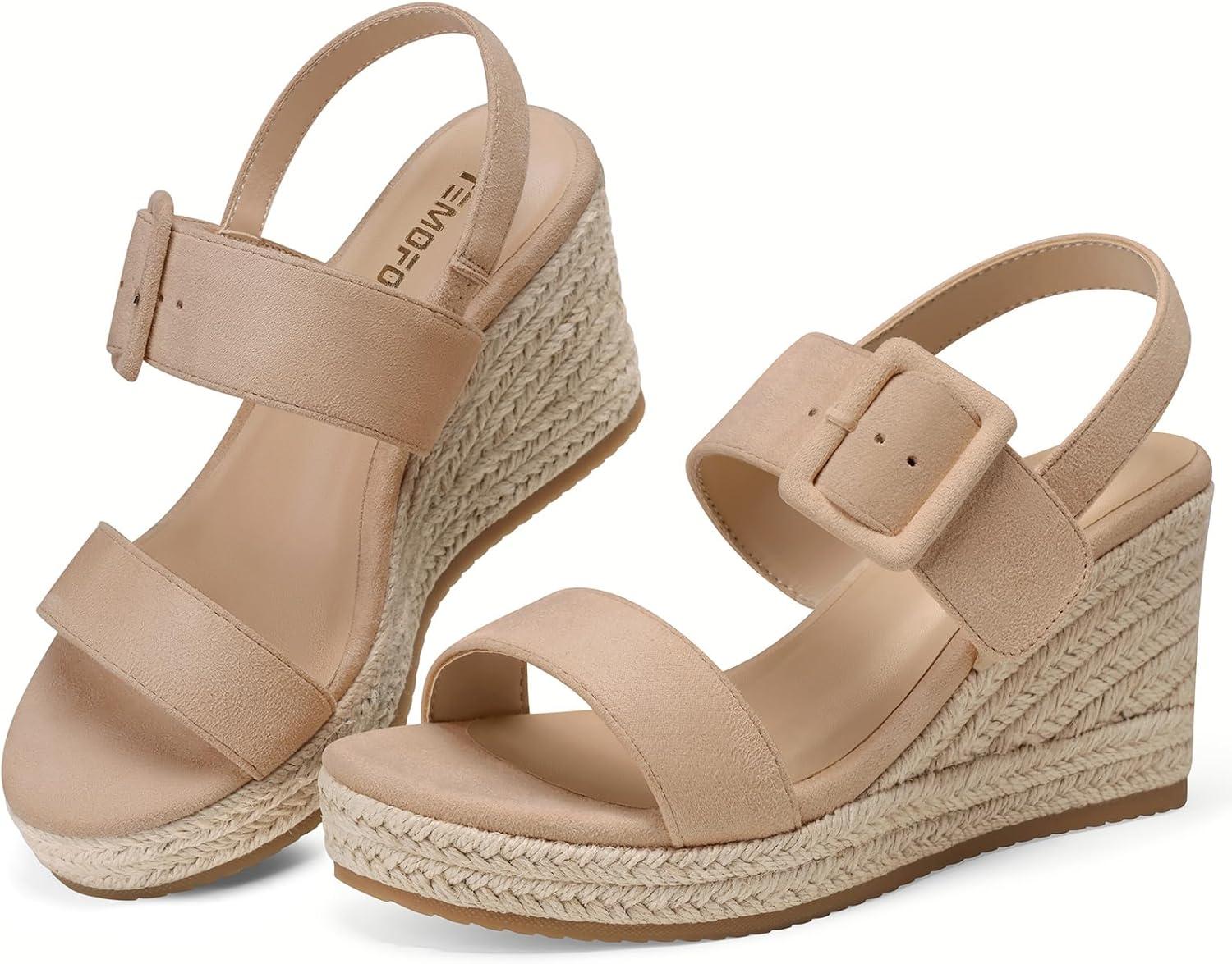 image:imageTEMOFON Espadrilles Wedge Sandals for Women Slip On Elastic Ankle Strap Platform Sandals Dressy Comfortable Summer Wedges Heels ShoesNude Suede