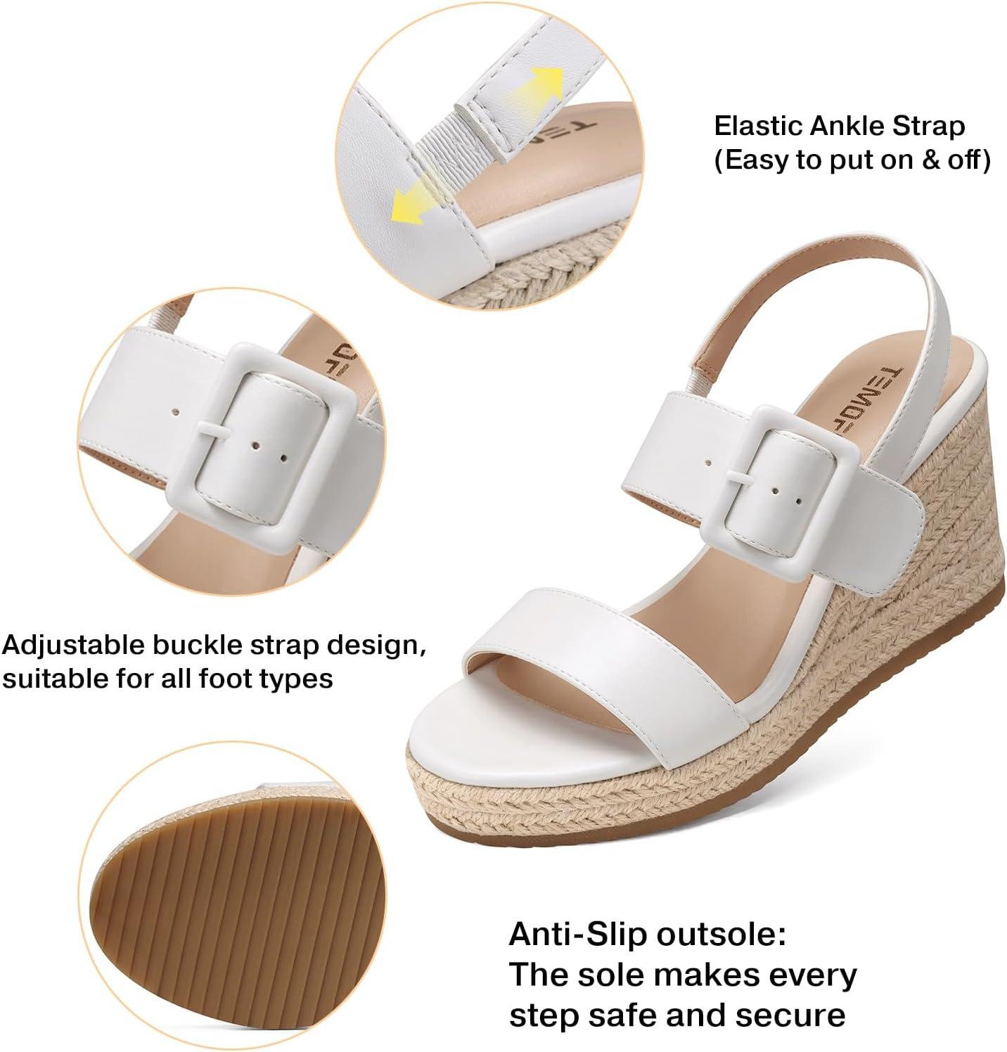image:imageTEMOFON Espadrilles Wedge Sandals for Women Slip On Elastic Ankle Strap Platform Sandals Dressy Comfortable Summer Wedges Heels ShoesWhite