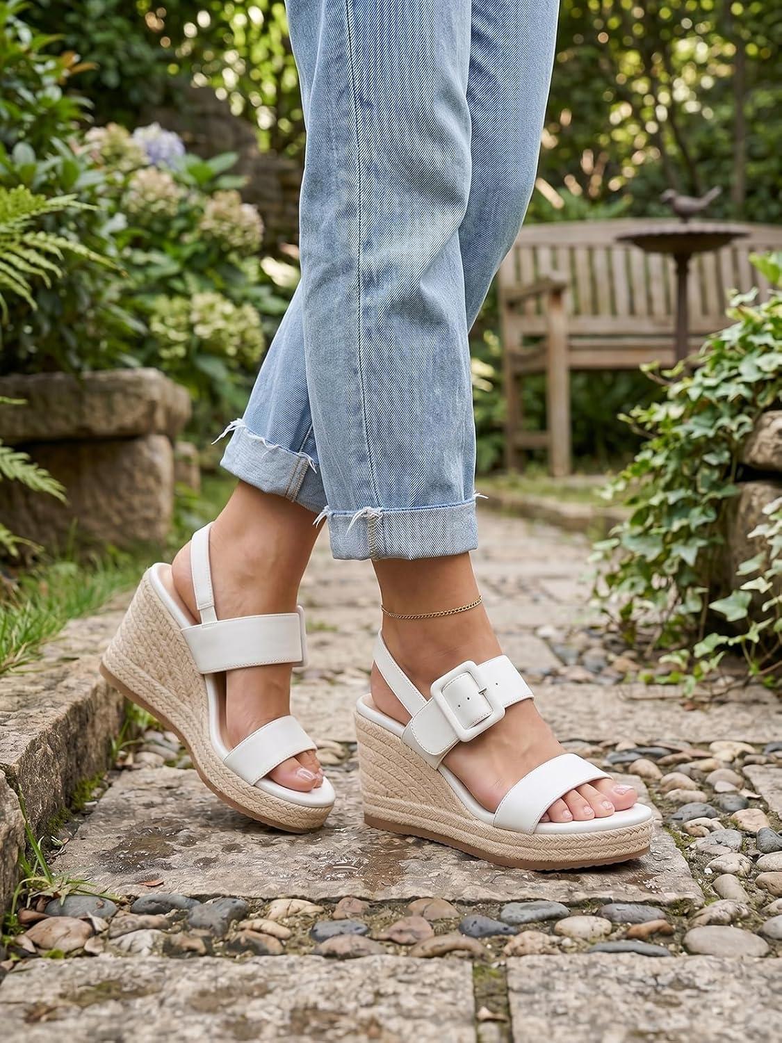 image:imageTEMOFON Espadrilles Wedge Sandals for Women Slip On Elastic Ankle Strap Platform Sandals Dressy Comfortable Summer Wedges Heels ShoesWhite