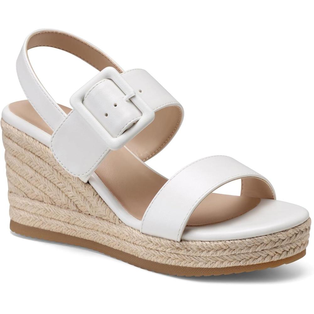 image:imageTEMOFON Espadrilles Wedge Sandals for Women Slip On Elastic Ankle Strap Platform Sandals Dressy Comfortable Summer Wedges Heels ShoesWhite