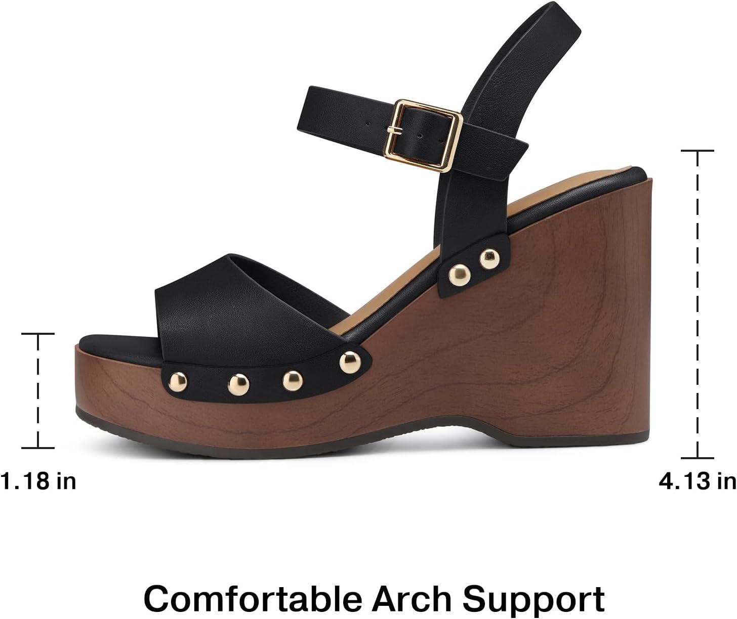 image:imageTEMOFON Wedge Sandals for Women Dressy Square Open Toe Ankle Strap Buckle Platform Comfortable Summer Studded Sandal55black