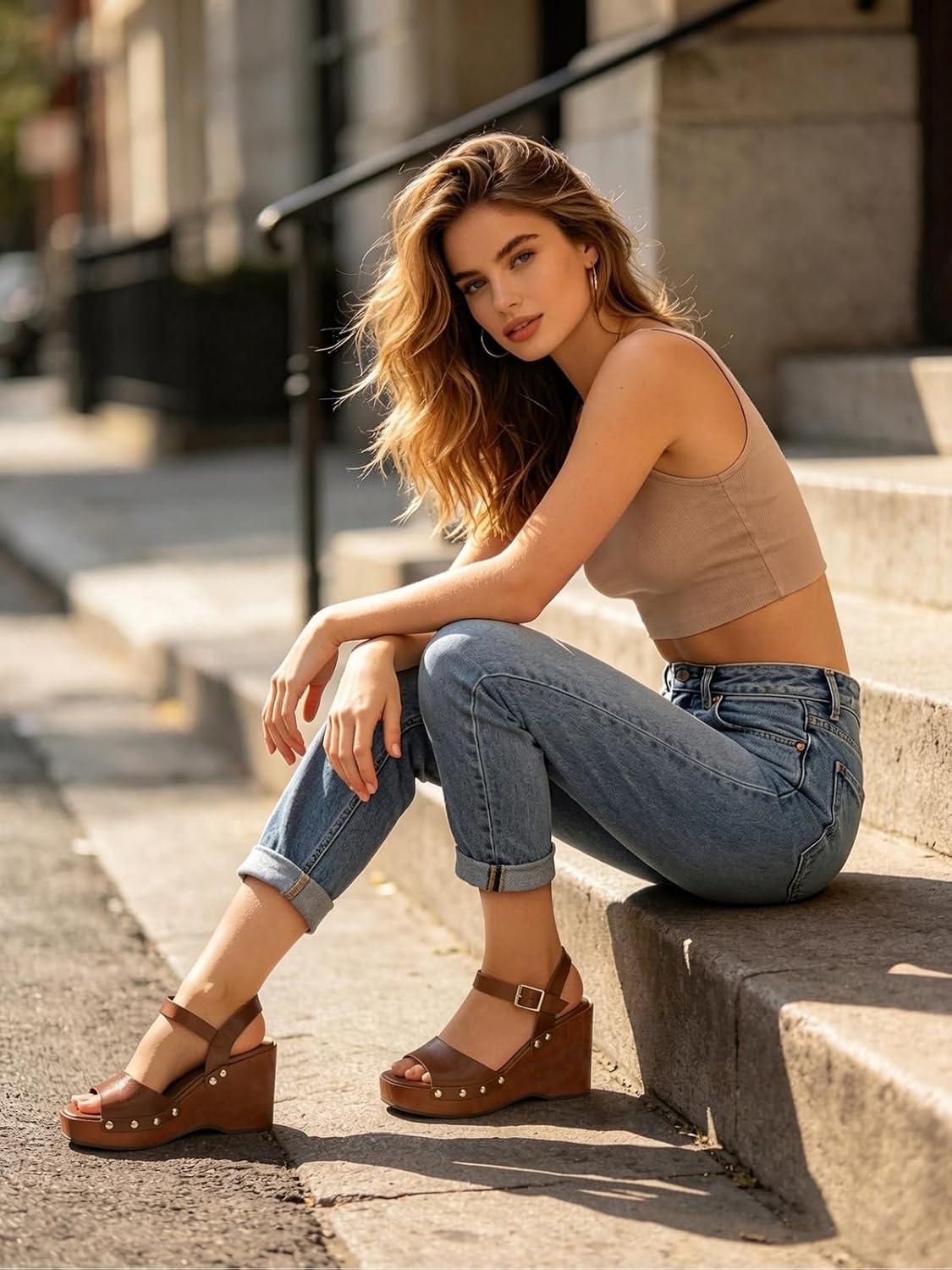 image:imageTEMOFON Wedge Sandals for Women Dressy Square Open Toe Ankle Strap Buckle Platform Comfortable Summer Studded Sandal55brown