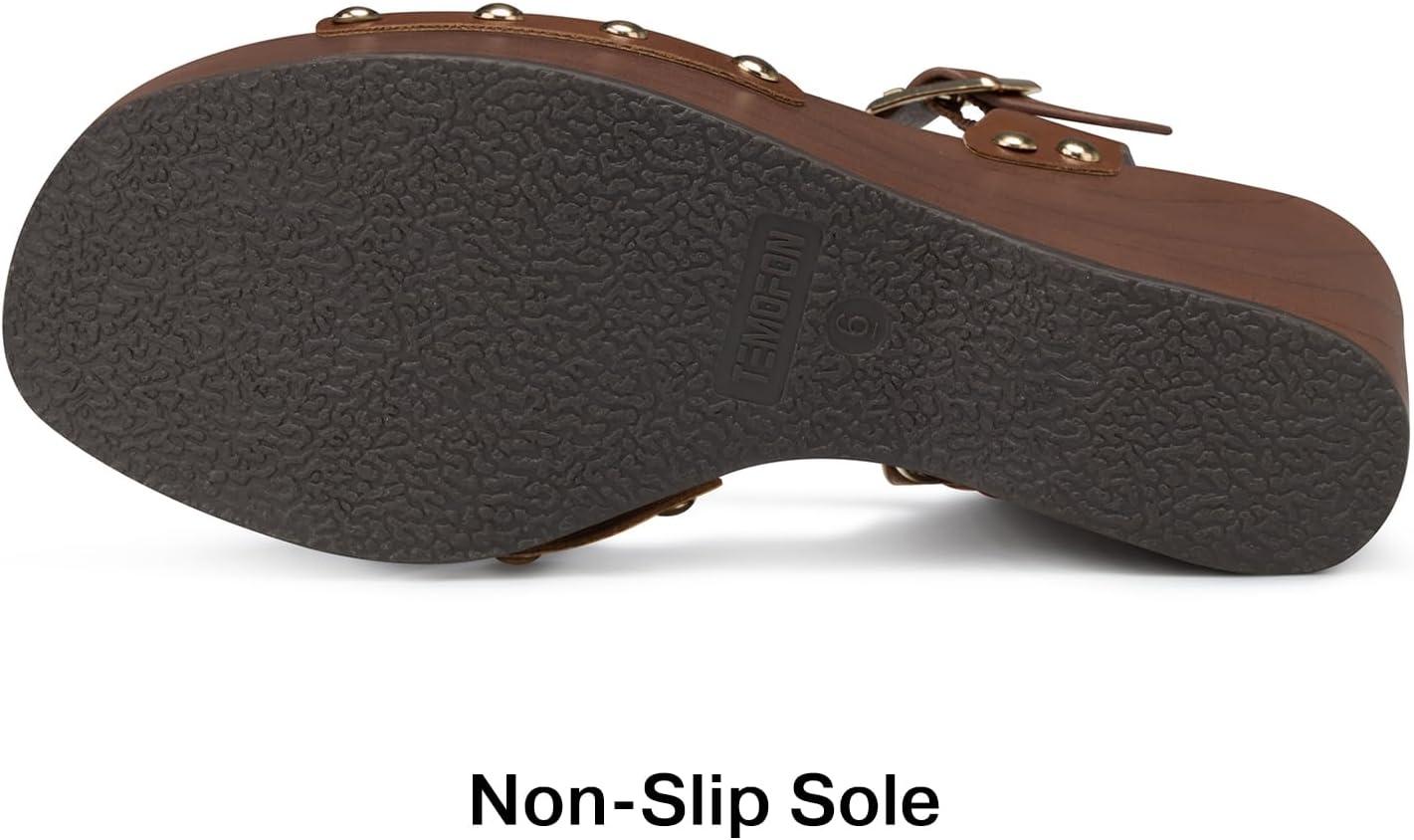 image:imageTEMOFON Wedge Sandals for Women Dressy Square Open Toe Ankle Strap Buckle Platform Comfortable Summer Studded Sandal55brown