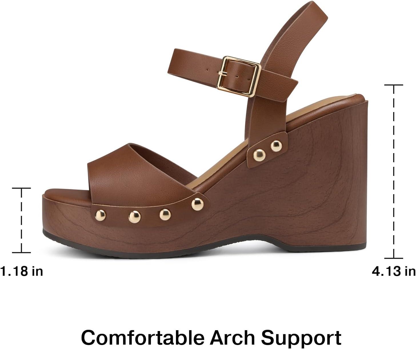 image:imageTEMOFON Wedge Sandals for Women Dressy Square Open Toe Ankle Strap Buckle Platform Comfortable Summer Studded Sandal55brown