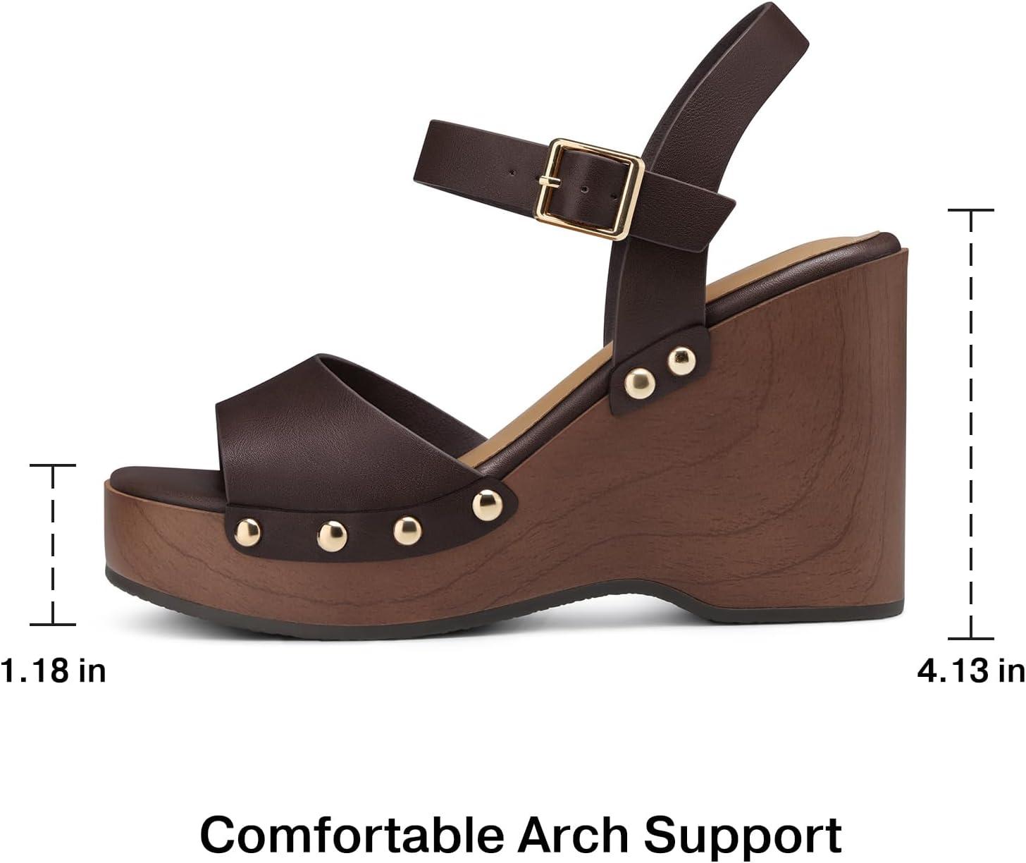 image:imageTEMOFON Wedge Sandals for Women Dressy Square Open Toe Ankle Strap Buckle Platform Comfortable Summer Studded Sandal55coffee