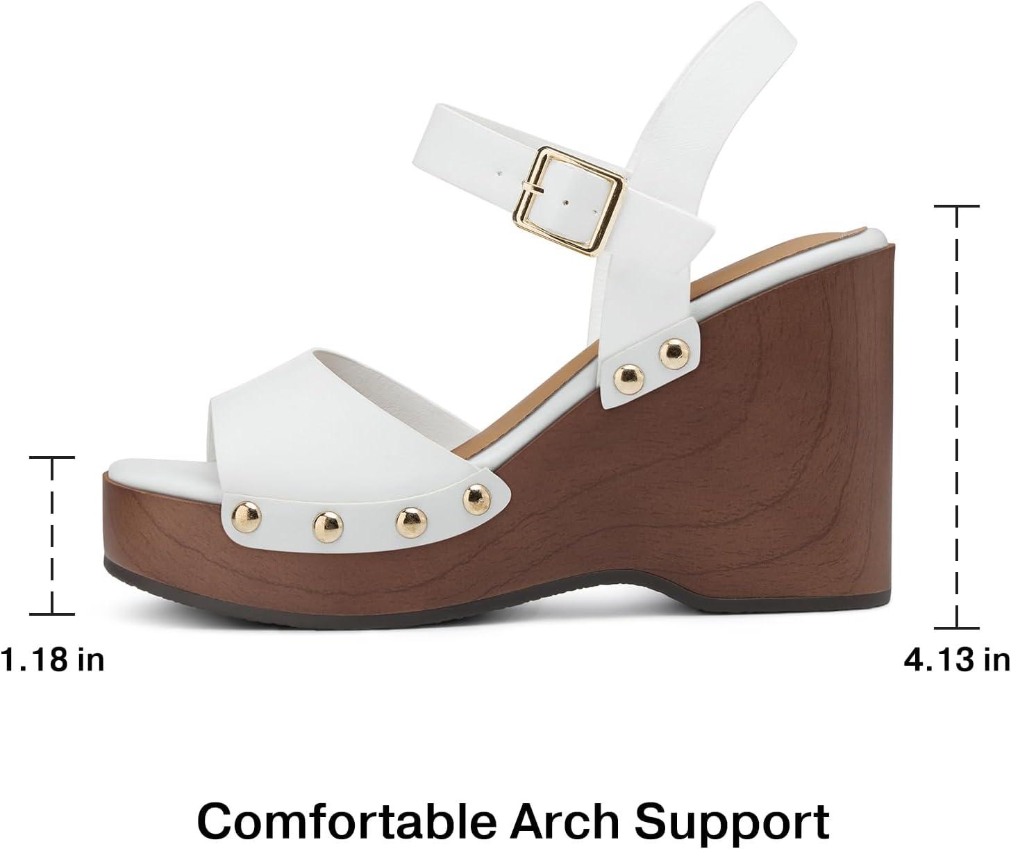 image:imageTEMOFON Wedge Sandals for Women Dressy Square Open Toe Ankle Strap Buckle Platform Comfortable Summer Studded Sandal55white