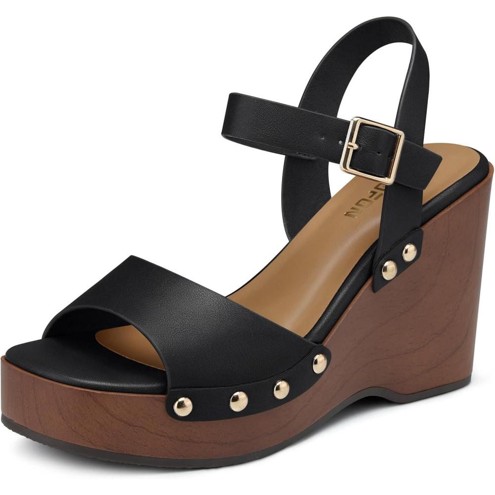 image:imageTEMOFON Wedge Sandals for Women Dressy Square Open Toe Ankle Strap Buckle Platform Comfortable Summer Studded Sandal55black