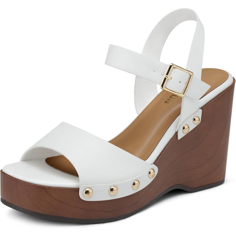 image:imageTEMOFON Wedge Sandals for Women Dressy Square Open Toe Ankle Strap Buckle Platform Comfortable Summer Studded Sandal55white