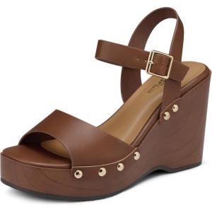 TEMOFON Wedge Sandals for Women Dressy: Square Open Toe Ankle Strap Buckle Platform – Comfortable Summer Studded Sandal(55-brown)