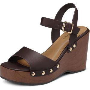 TEMOFON Wedge Sandals for Women Dressy: Square Open Toe Ankle Strap Buckle Platform – Comfortable Summer Studded Sandal(55-coffee)